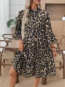 EMERY ROSE فستان نسائي كاجوال متوسط الطول بأكمام واسعة وأزرار وكشكشة على الذيل بطبعة نمر، فستان طبعة نمر، فستان طبعة حيوان، فستان طبعة فهد، فستان نمر بأكمام طويلة، فستان نمر متوسط الطول، ملابس خريفية للنساء، فساتين للنساء في الخريف