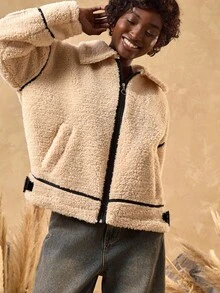 Bóhologie Women's Faux Shearling Coat, Zip-Up Front, Buckle Neckline, Contrast Piping, Oversized Teddy Jacket, Zipper Closure, Faux Leather Trim, Longline Fit, Sherpa Fleece Coat, Stand Collar, Adjustable Hem, Cozy Fit - Beige - View 7