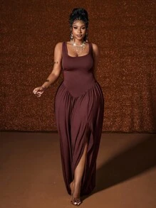 Maweii Plus Size Women's Solid Color Square Neck Ruched Slit Hem Casual Sleeveless Dress - Brown - View 3