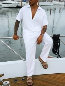 Manfinity Homme 纯白色商务套装，常规下摆和口袋细节，适合职业风格男士巡航装游艇装男士夏季度假装，Old Money - 白色 - 查看 4