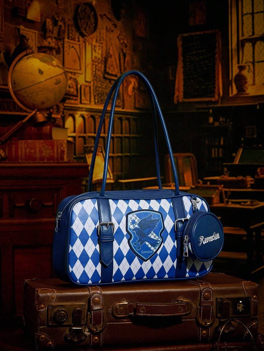 HARRY POTTER X SHEIN Women Letter & Plaid Pattern Shoulder Bag - Blue - View 1