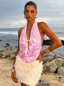 Opulessa 女式纯色亮片面料垂坠领衬衫 - 粉色 - 查看 4