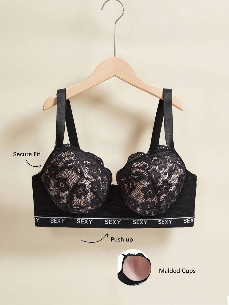 SHEIN Plus Size Women Lace Patchwork Underwire Bra - Black - View 4