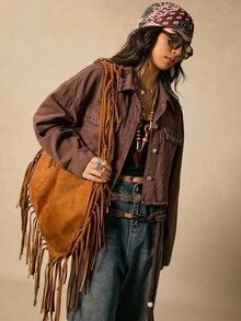 Easelle 复古索环装饰宽松磨损下摆女式牛仔夹克，秋季女装女式西部夹克短款西部夹克棕色短款夹克女式西部装牛仔夹克女式西部衬衫棕色短款夹克 - 棕色 - 查看 7