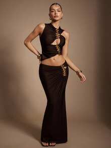 Hauture 女士深棕色亮面镂空链条装饰上衣 - 棕色 - 查看 3