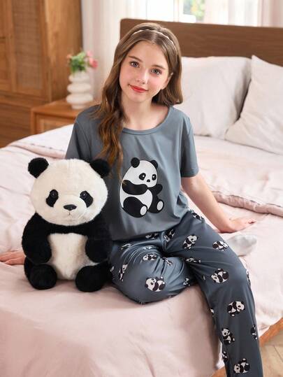 SHEIN 可爱熊猫印花短袖和裤子两件套，适合中大女孩