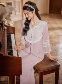 PalaceNights 优雅粉色长款睡裙，蕾丝边饰V领设计，女士睡衣连衣裙，秋冬款 - 粉色 - 查看 3