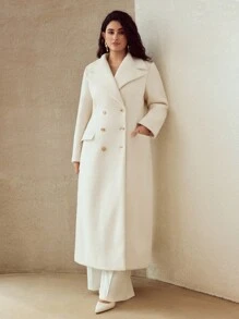 MOTF PREMIUM Áo khoác dài len pha cổ áo oversized thắt eo nút kim loại thanh lịch, mùa thu/đông - trắng - Xem 6