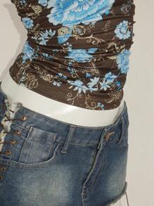 SHEIN ICON Y2K 夏季外出波西米亚西部乡村音乐会女式性感露背花卉印花挂脖上衣，夏季 - 棕色 - 查看 10