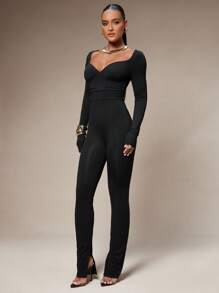 Silquee 女式休闲纯色紧身连体裤 - 黑色 - 查看 4