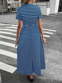 Siren Gaze 女式条纹圆领短袖抽绳腰口袋休闲中长连衣裙