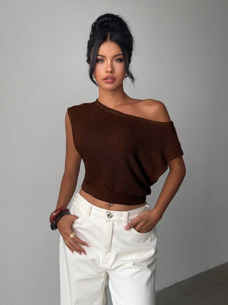 Aloruh New Fashionable Asymmetrical Shoulder Casual Striped T-Shirt, Asymmetric Shoulder Design, Loose Top Tight Bottom, Slimming - Brown - View 3