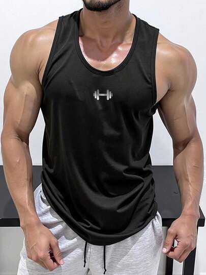 GymBeat 男士杠铃印花休闲健身运动黑色背心，透气吸汗，舒适简约设计，无袖，适合锻炼训练，健身房上衣，男士健身背心，肌肉背心，无袖健身衫，轻便