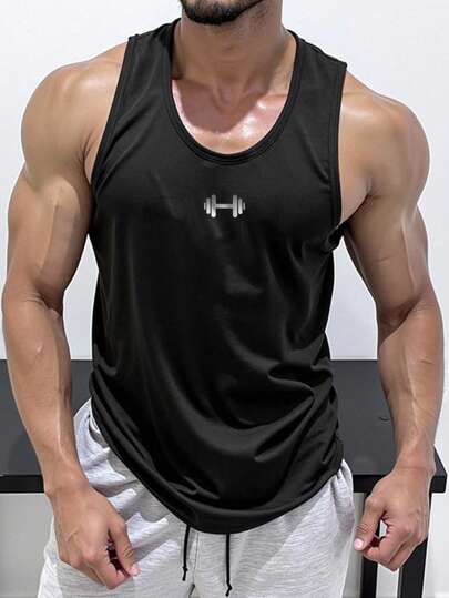 Manfinity Sport Corelite Men's Barbell Print Casual Fitness Workout Black Tank Top Breathable Sweat-Wicking Comfortable Minimalist Design Sleeveless For Workout Training Gym Top Workout Tank Top Men Men Gym Tank Top Muscle Tank Gym Top Sleeveless Gym Shirt