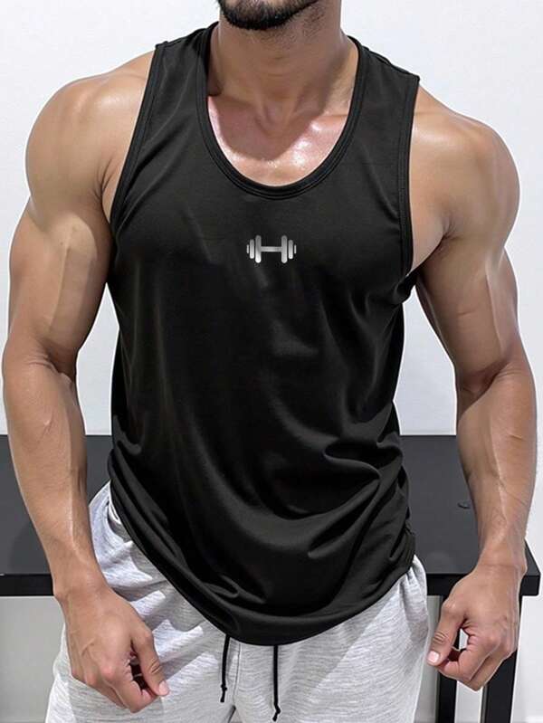 Manfinity Sport Corelite Camiseta de tirantes negra casual de fitness para hombres con estampado de barra, diseño minimalista transpirable y que absorbe la humedad, cómoda para entrenamiento, gimnasio y ejercicio