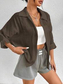 SHEIN PETITE Brown Blouse Loose Shirt - Brown - View 7