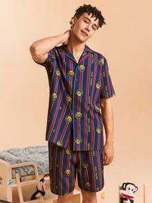 Paul Frank X SHEIN Men's Color Block Striped & Cartoon Pattern Button Front Short Sleeve Top And Shorts Loungewear Set - Multicolor - View 5