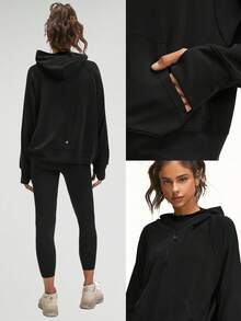 GLOWMODE Modal Silk Touch Oversized Long Sleeve Half-Zip Hoodie Fall - Black - View 7