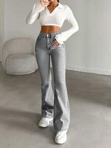 SHEIN Tall 98%Cotton High-Waist Original Boot Cut Jeans Tall - Grey - View 5
