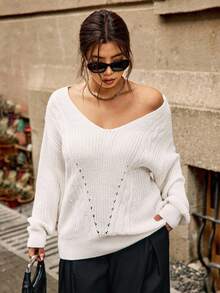 Easura Suéter midi de cuello en V con trenzado de punto, de manga larga, talla grande, cómodo para el transporte