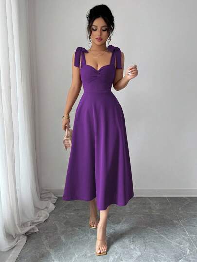 Selianne Carnival Purple Sleeveless Tie-Up Cinched Waist A-Line Elegant Romantic Dress For Women, Teachers' Day