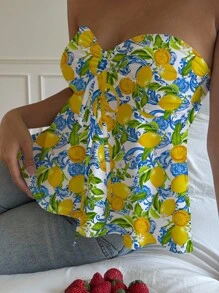 SHEIN EZwear 女士休闲时尚印花抹胸上衣，适合夏季 - 藍白色 - 查看 5