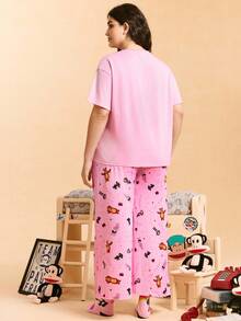 Paul Frank X SHEIN 大码卡通图案圆领短袖上衣和长裤睡衣套装