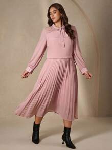 Chikora 大码纯色蝴蝶结装饰长袖上衣和百褶裙两件套女式百褶裙套装粉色百褶裙长袖粉色衬衫百褶中长裙粉色连衣裙女式粉色套装秋季服装大码商务休闲女式办公室服装女士工作服女士工作服 - 藕粉色 - 查看 8