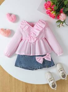女童衬衫套装 2 件套 女童粉色荷叶边衬衫和牛仔裙套装，长袖上衣，不对称下摆，春季时尚装扮 女童格纹裙套装 粉色和蓝色套装 女童两件套牛仔裙套装 女童服装 荷叶边上衣 粉色格纹上衣和牛仔裙套装 - 粉色 - 查看 5