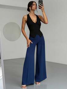 Firerie 女士新款简约优雅日常休闲百搭高腰褶皱设计宽松阔腿裤，适合夏季、办公室穿着、秋季女士、返校、女士办公室、办公室、机场、旅行机场、外出 - 藏蓝色 - 查看 2