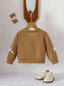 SHEIN Vintaside Kids Baby Girl V-Neck Bow Solid Color Long Sleeve Cardigan Sweater, Spring/Autumn Outerwear Fall Winter - Coffee Brown - View 2