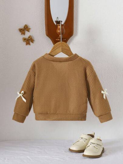 SHEIN Vintaside Kids 女婴 V 领蝴蝶结纯色长袖开衫毛衣，春秋外套