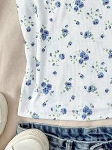 SHEIN 少女夏季白色花朵露肩休闲日常T恤，居家，学校花朵T恤 - 藍白色 - 查看 3