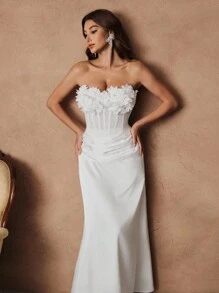 SHEIN Unity 女士白色优雅套装，3D 花卉装饰吊带背心和白色中长裙，适合生日派对和宴会 - 白色 - 查看 4