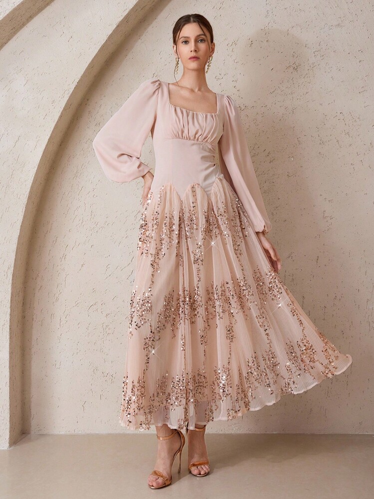 Modelyn Vestido maxi elegante con cuello cuadrado, mangas farol, plisado y dobladillo con lentejuelas para mujer - Rosa - Añade 7