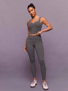 GLOWMODE 24英寸 FeatherFit™ Big Vibe 柔软弹力吸汗对比色虚线紧身裤，低冲击瑜伽普拉提工作室健身房日常活动 - 深灰色 - 查看 5