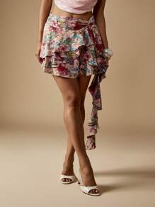 MISSGUIDED Minifalda con volantes y capas, con detalle lateral en cascada, cintura con lazo, para fiestas de verano, eventos y festivales, con superposición asimétrica - Rosa - Ver 5