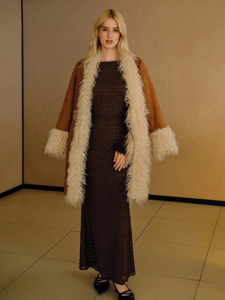 CONTRAST FAUX FUR BIAS CUT DRESS