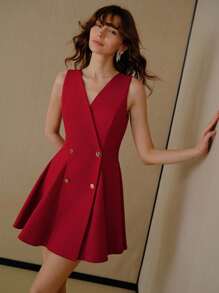 MOTF PREMIUM 斜领双排扣喇叭下摆连衣裙 - 紅色 - 查看 1