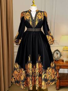 Rometta Never Out Of Style: Gothic Prep With A Wednesday Twist. Embrace Your Inner Shadow Dark Feminine Fashion. Plus Size Women's Popular Fashionable Versatile Thailand Maldives Travel Beach Resort Bohemian Floral Print Waist Cinched Round Neck Long Sleeve Flared Maxi Dress, Spring/Autumn/Winter Fall Cloth For Women