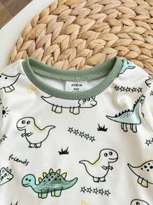 2 件装幼儿男宝宝可爱恐龙印花贴身长袖衬衫和裤子柔软舒适睡衣套装