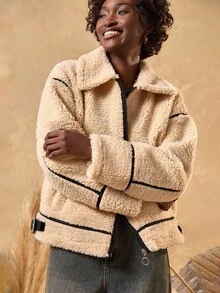Bóhologie Women's Faux Shearling Coat, Zip-Up Front, Buckle Neckline, Contrast Piping, Oversized Teddy Jacket, Zipper Closure, Faux Leather Trim, Longline Fit, Sherpa Fleece Coat, Stand Collar, Adjustable Hem, Cozy Fit - Beige - View 1