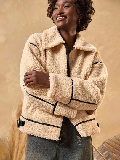 Bóhologie Women's Faux Shearling Coat, Zip-Up Front, Buckle Neckline, Contrast Piping, Oversized Teddy Jacket, Zipper Closure, Faux Leather Trim, Longline Fit, Sherpa Fleece Coat, Stand Collar, Adjustable Hem, Cozy Fit