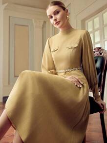 ZEYLAH Women's Elegant Solid Color Long Sleeve Midi Dress, Suitable For Commuting Fall Cloth For Women - Khaki - View 7