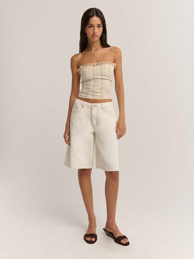 Nöista 这款露肩奶油色紧身胸衣上衣饰有精致的垂直条纹和迷人的领口荷叶边。结构化的轮廓和精致的细节为任何造型增添了优雅浪漫的气息，使其成为复古风格或时尚服装的完美选择。 - 棕色 - 查看 6