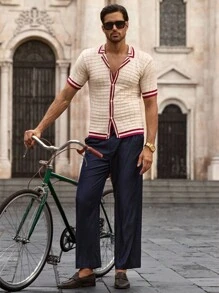 Manfinity VCAY Camisa de punto de manga corta para hombre, cuello polo, perforada de dos colores, suéter ajustado de moda personalizado, camisas de ganchillo para hombre, camisa de punto para hombre, camisa retro para hombre, camisa de punto para hombre, camisa de resort para hombre, para otoño e invierno - Albaricoque - Ver 6