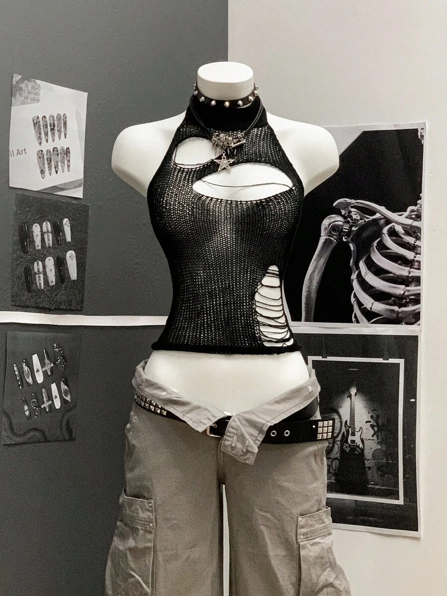 StreetHx 女士街头风纯黑色镂空钩针无袖针织上衣 - 黑色 - 查看 1