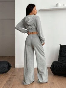 Coolane 女士秋季街头服饰外出运动休闲弹力舒适灰色 V 领运动衫连帽衫和直筒裤，2 件 - 灰色 - 查看 4