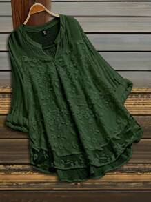 SHEIN LUNE Kemeja Wanita Ukuran Besar Kasual Warna Polos Bordir Bunga Kerah Berlekuk Pakaian Musim Gugur - Dark Green - View 1