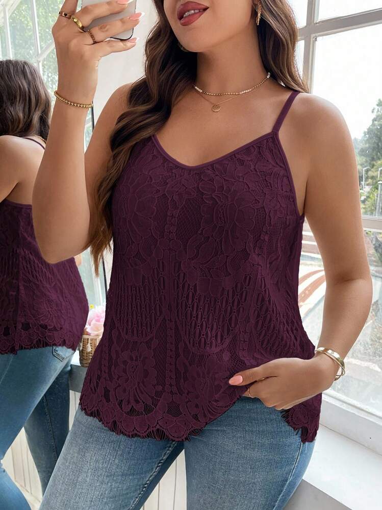 Reflora Plus Size Summer Casual Solid Color Lace Camisole Lace Tank Top - Maroon - View 7